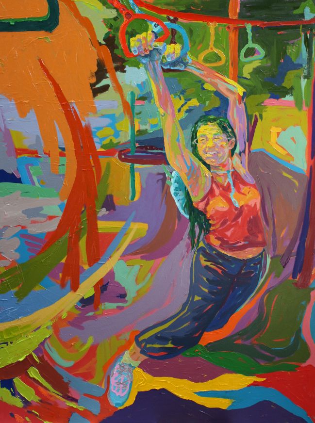 Clarissa R Gerber - Erin at Play, painting of woman swinging on monkey bars