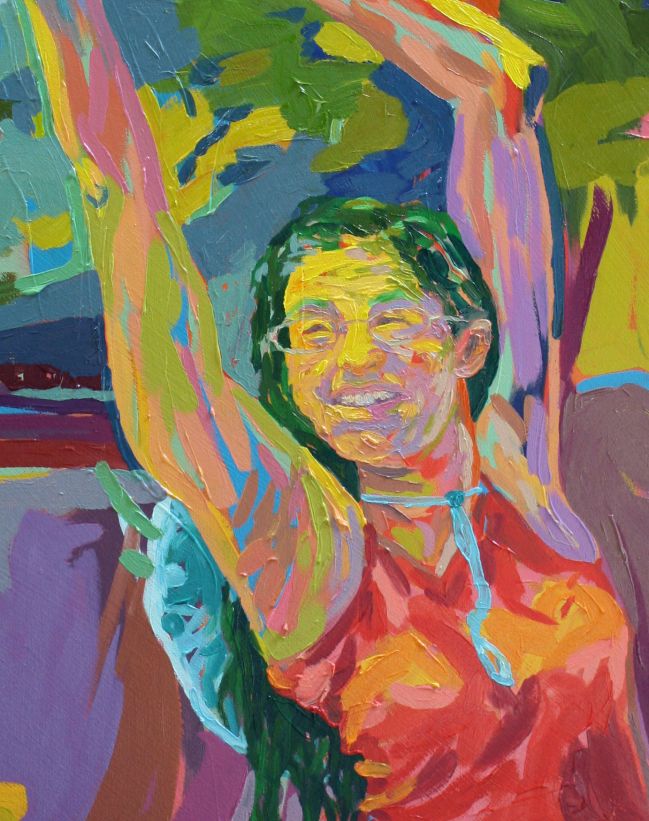 Clarissa R Gerber - Erin at Play detail, painting close up of smiling woman
