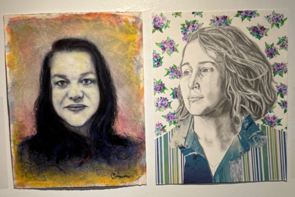 Two mixed-media portraits displayed side by side: at left, a woman with dark hair against a textured yellow and pink background; at right, a woman in a striped shirt with a floral patterned background.
