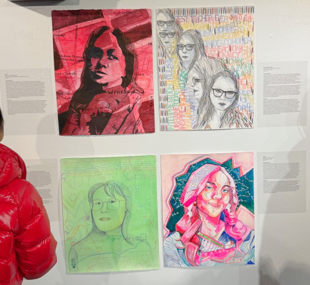 Four artworks in a square layout: a red-toned portrait with overlaid text; a grayscale drawing of a woman repeated multiple times with colorful typography; a lime green line drawing of a person with glasses; and a bright pink portrait of a young woman with braided hair.
