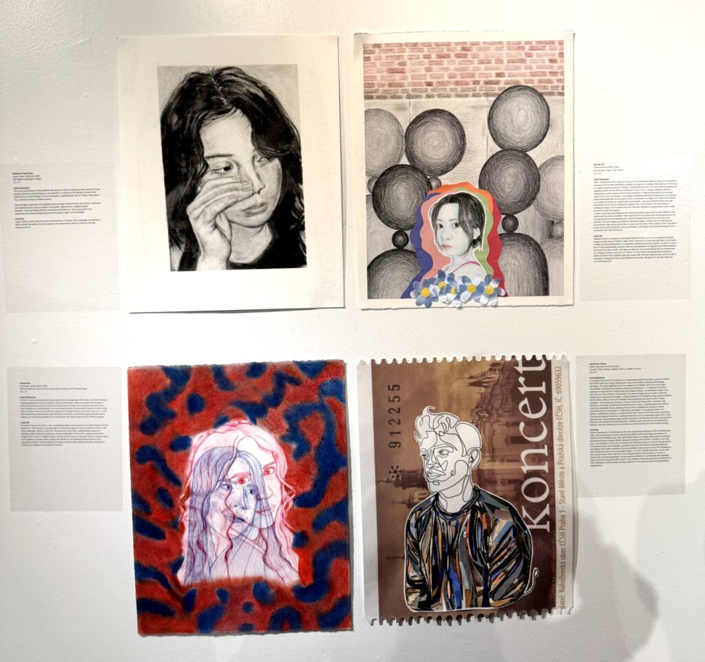 Four artworks arranged in a 2x2 grid: a graphite portrait of a woman looking to the side; a stylized portrait with balloon-like spheres and a brick wall; a red-and-blue line drawing over an animal print background; and a portrait overlaid on a design resembling a postage stamp.
