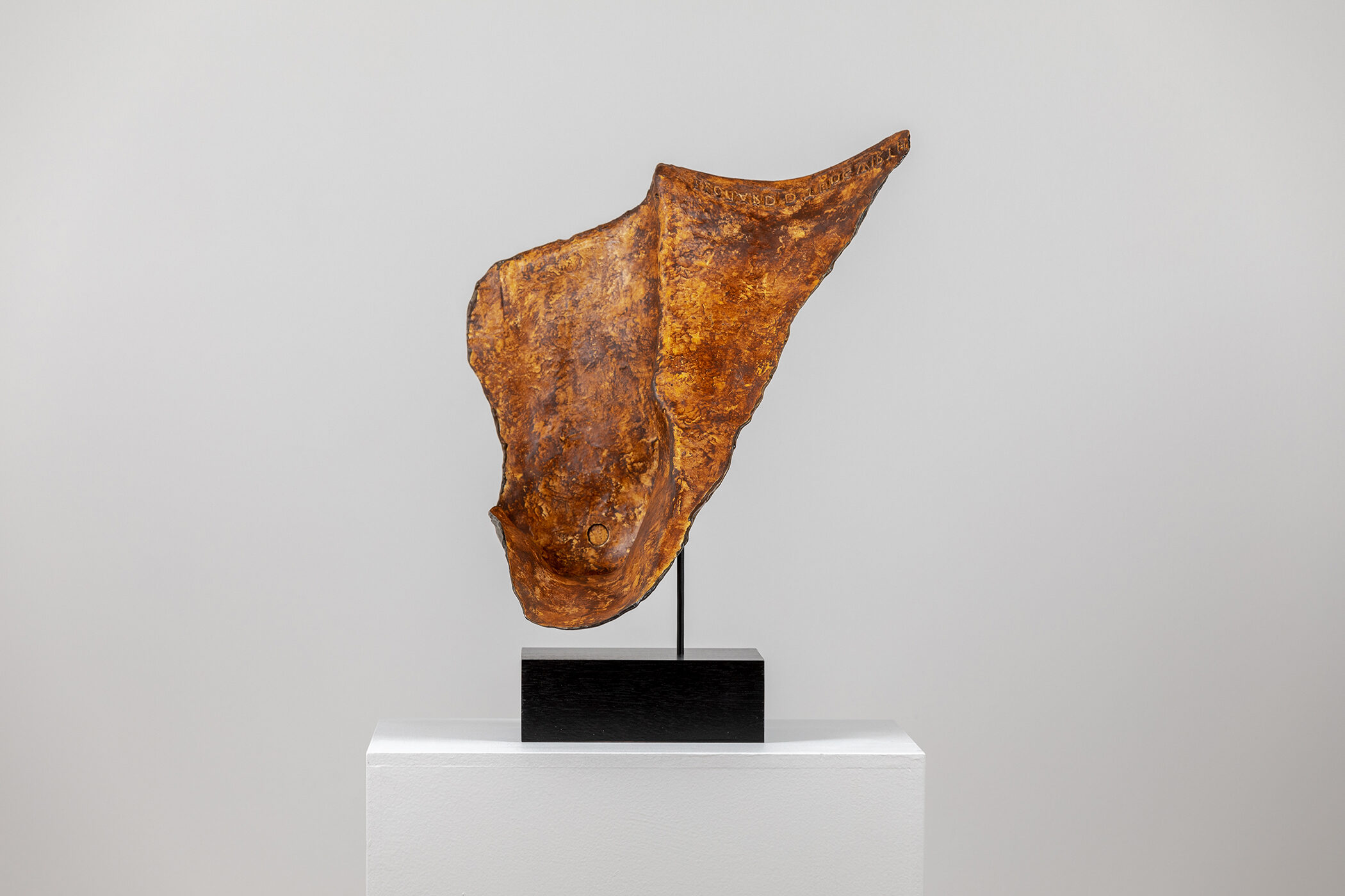 Spartan Skin (Prayer to Leonard Jungwirth); Cold-cast Nickel Silver, pigmented resin, acrylic paint, pigmented wax medium, steel, dyed walnut; 16” x 15” x 12”; 10” x 15” x 12” (with base)