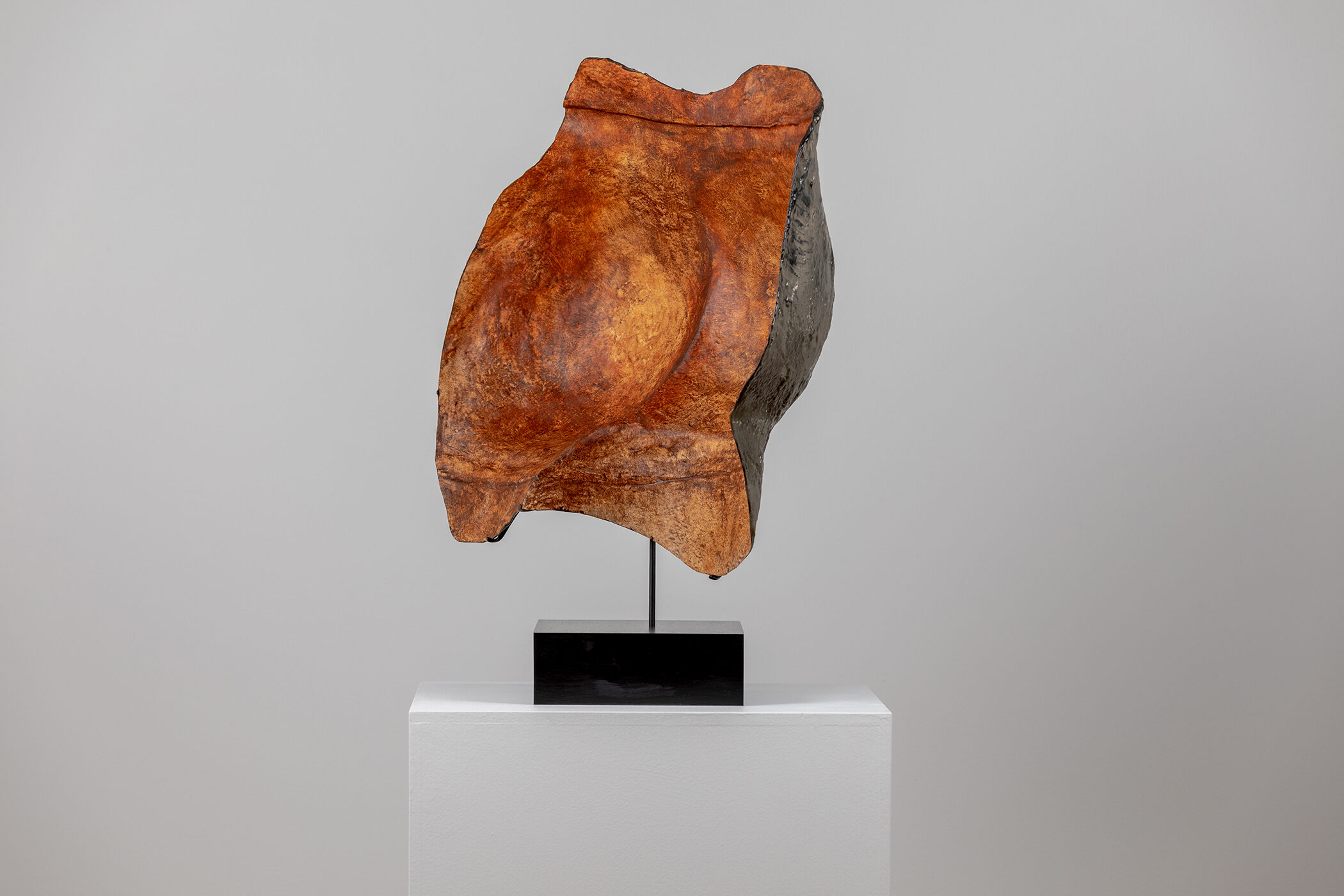 Spartan Skin (Rear); Cold-cast nickel silver, pigmented resin, acrylic paint, pigmented wax medium, steel, dyed walnut; 19 1⁄2” x 21 3⁄4” x 9”; 24 1⁄4” x 21 3⁄4” x 9” (with base)