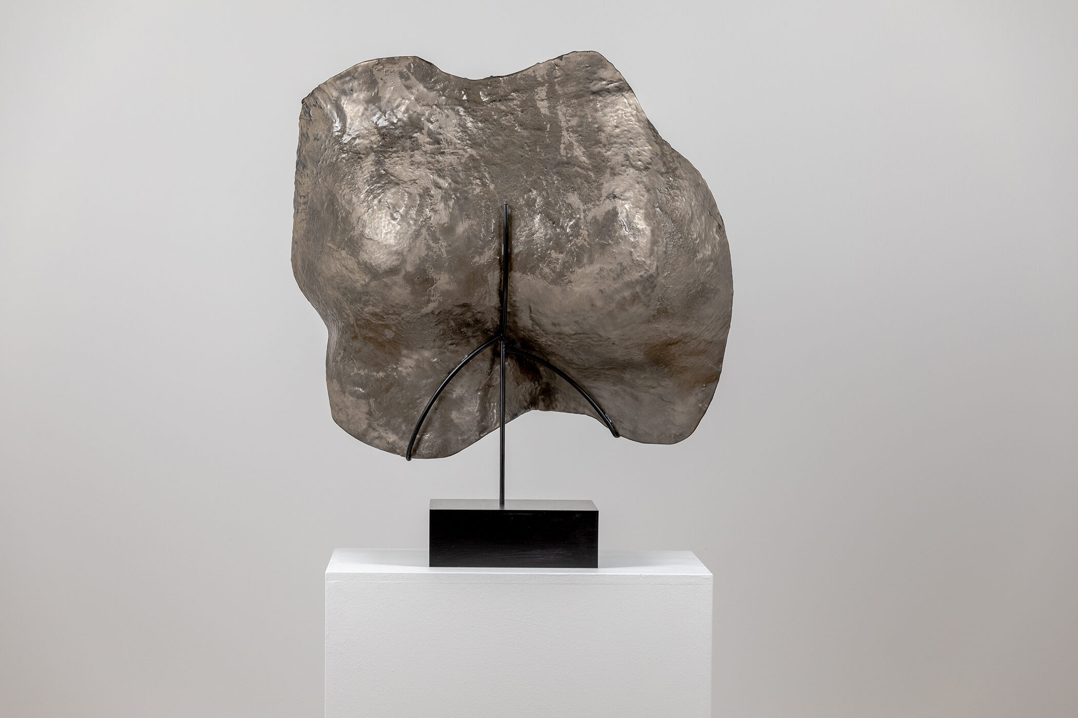Spartan Skin (Rear); Cold-cast nickel silver, pigmented resin, acrylic paint, pigmented wax medium, steel, dyed walnut; 19 1⁄2” x 21 3⁄4” x 9”; 24 1⁄4” x 21 3⁄4” x 9” (with base)