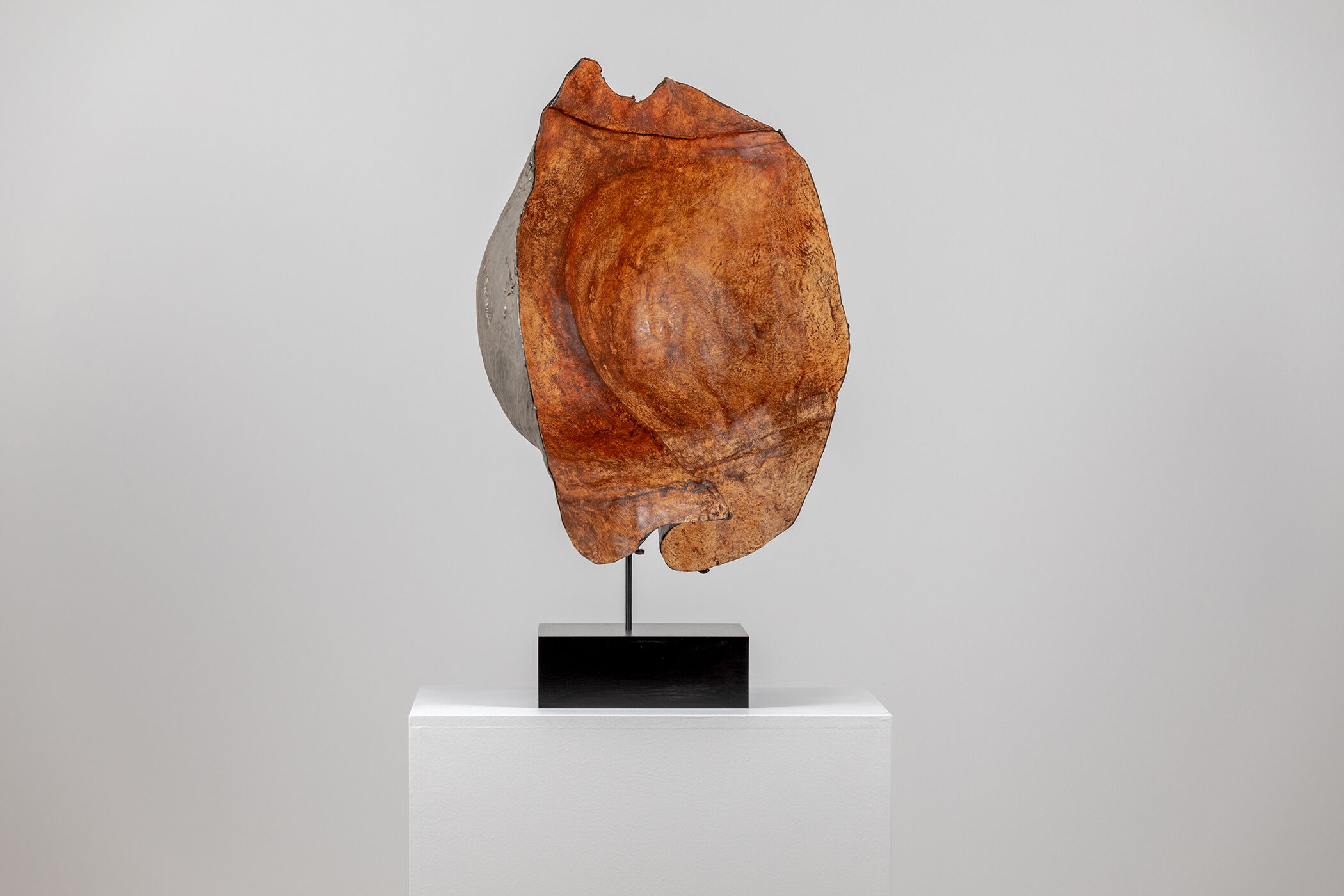 Spartan Skin (Rear); Cold-cast nickel silver, pigmented resin, acrylic paint, pigmented wax medium, steel, dyed walnut; 19 1⁄2” x 21 3⁄4” x 9”; 24 1⁄4” x 21 3⁄4” x 9” (with base)