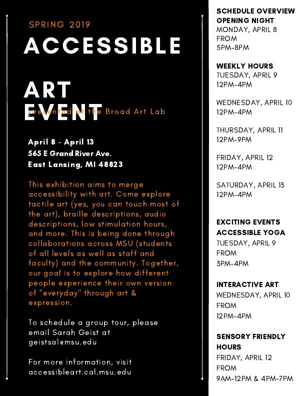 poster with a black background that says "accessible art event" with other details on events