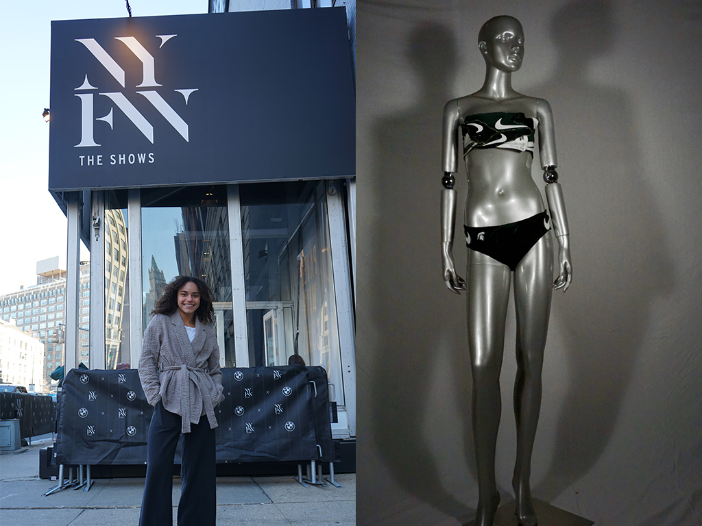 Two pictures, on the left is a woman with black pants and a gray sweater standing outside and the other is bathing suit on a mannequin