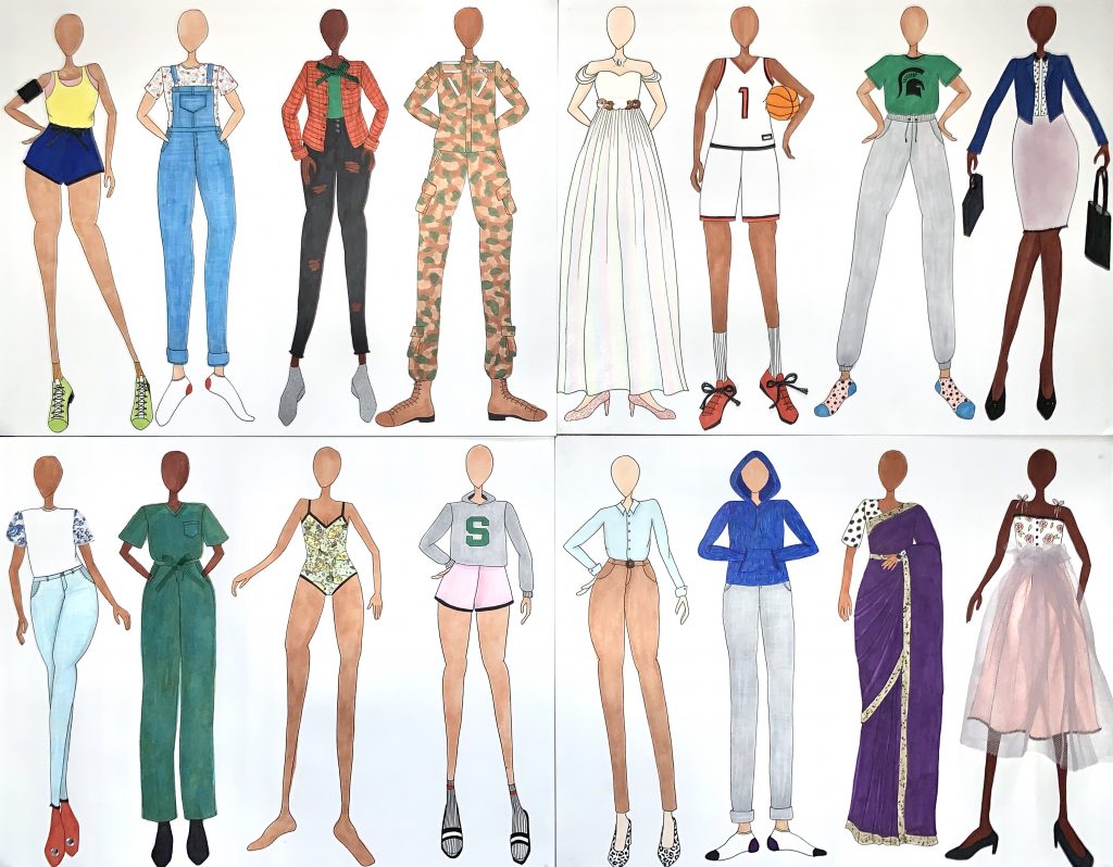 drawing of bodies wearing different clothes with a white background