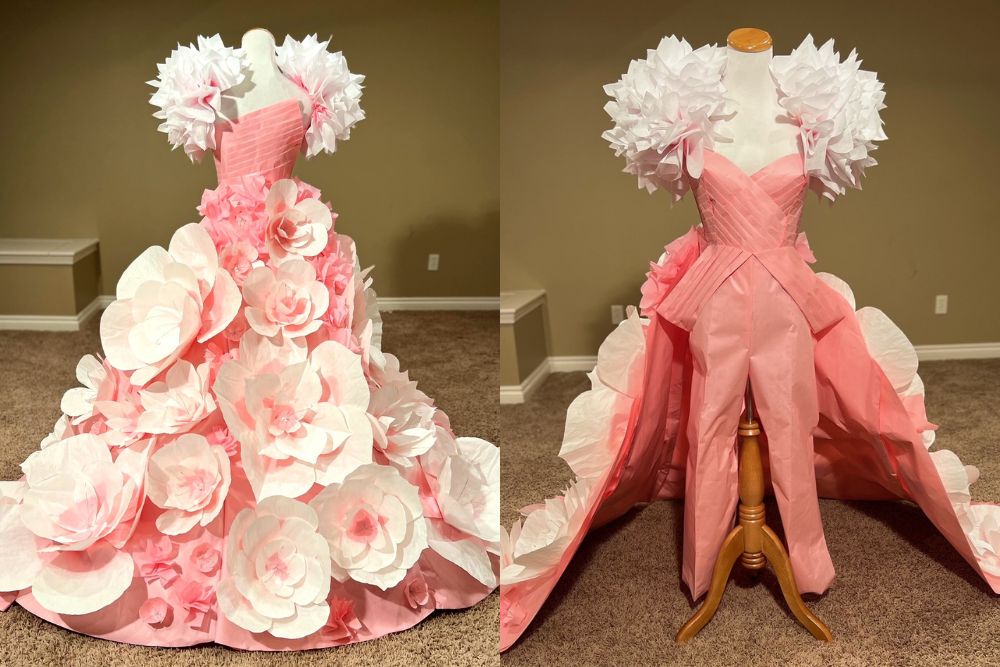 Two side-by-side pictures of the front and back of a pink cherry blossom gown made of paper.