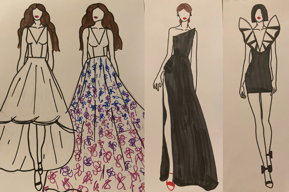 Hand-drawn fashion sketches of four female models in different style dresses.  