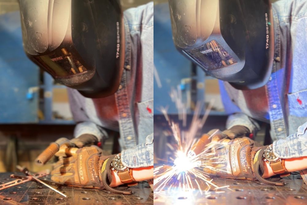 Two side-by-side photos of an individual wearing a welding helmet and safety gloves while welding handle scales.