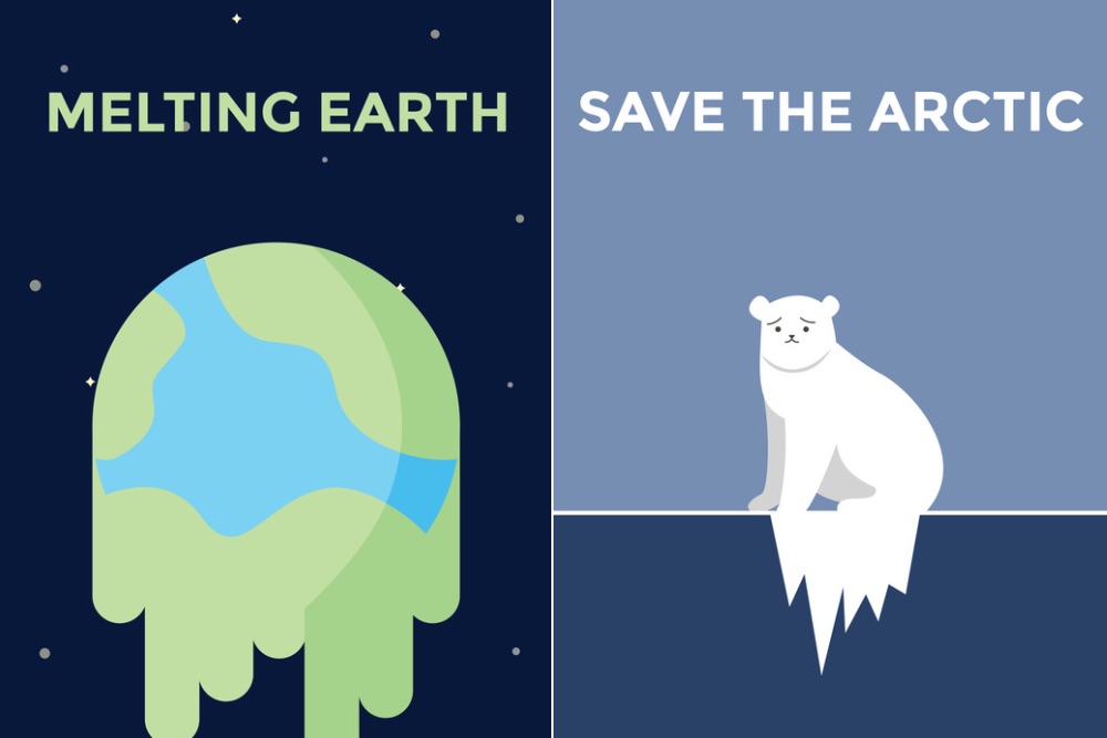 A graphic showing a melting Earth and a sad polar bear. 
