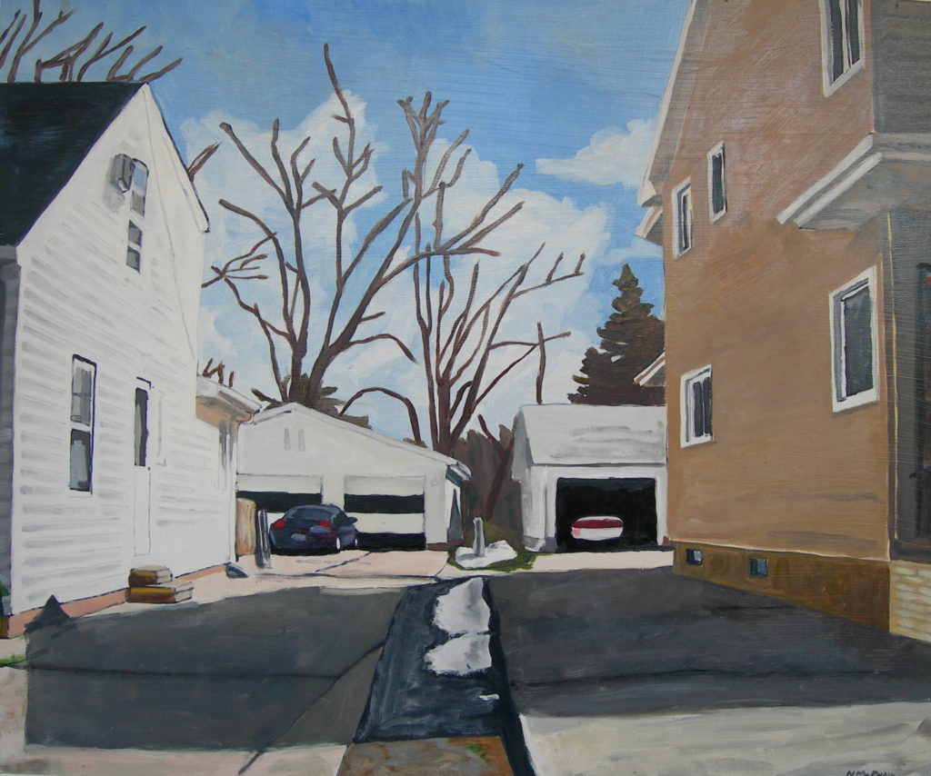 A painting of two houses, one white and one tan, and the space between them. 