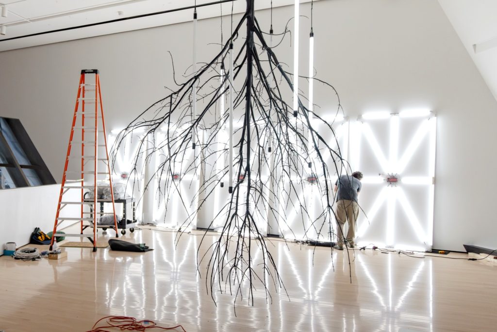A picture of a man with his bak turned installing the neon lights of his art installation with a tree hanging upside down in the foreground and a tall ladder on the left of the picture. 