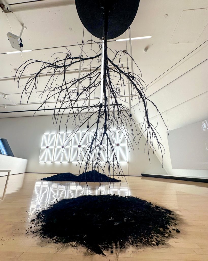 A picture of an art installation. It is a tree hanging upside down in front of a wall of white neon lights. Below the tree and the neon lights are piles of dirt. 